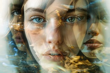 Poster - Captivating portrayal of a woman's face illuminated by digital light patterns showcasing the fusion of technology and art