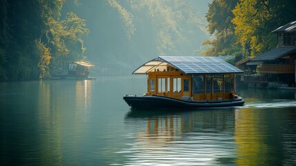 Poster - A vibrant yellow boat equipped with solar panels smoothly navigates serene waters, flanked by trees and gentle mist in the morning light.