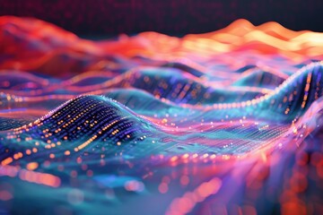 Fototapete - Visual representation of digital waves in blue tones with glowing particles, resembling futuristic technology and data flow