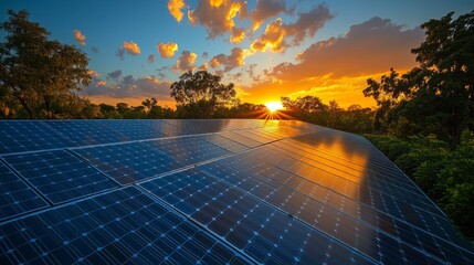 Poster - As the sun sets, vibrant colors fill the sky above a field of solar panels, reflecting the commitment to renewable energy in a serene natural setting.