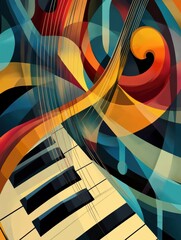 Aufkleber - Dynamic colors and abstract shapes depict sound waves and musical notes, capturing the lively spirit of music. A radiant visual symphony. Generative AI