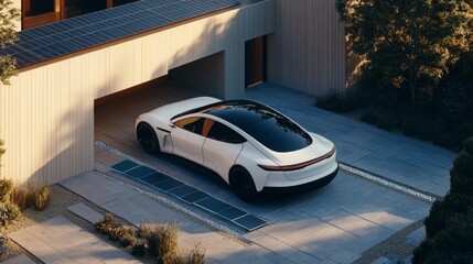 Poster - A sleek electric car is parked in a contemporary driveway. The setting features a modern house with solar panels, complemented by lush greenery and a clean, stylish landscape during daytime.