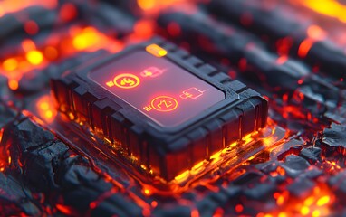 Fototapete - A glowing microchip embedded in a lava-like surface, illustrating advanced technology.