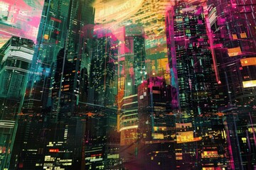 Poster - Vibrant futuristic cityscape illuminated by neon lights with towering skyscrapers at night amidst a misty atmosphere
