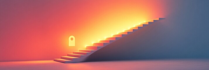 Poster - Steps ascend towards a luminous door, casting warm light against cool walls, evoking curiosity and intrigue in the setting. Generative AI