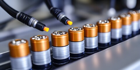 Poster - A close-up of battery cells in a manufacturing setting, showcasing assembly and technology.