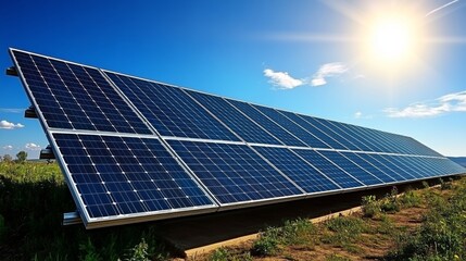 Wall Mural - A row of solar panels is capturing sunlight to produce renewable energy in an open field, showcasing sustainable technology in action.