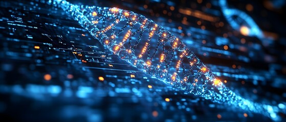 Fototapete - A digital representation of DNA strands with glowing elements and a futuristic aesthetic.
