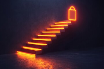 Fototapete - A staircase with vibrant neon lights ascends in a dark setting, featuring a glowing lock at the top, representing security and access. Generative AI