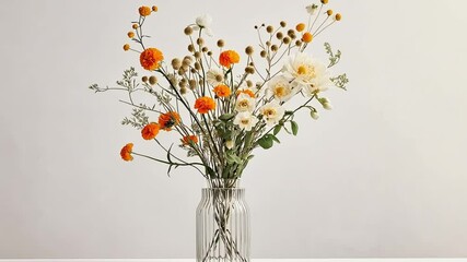 Canvas Print - A bouquet of white and yellow flowers in a glass vase on a white surface.