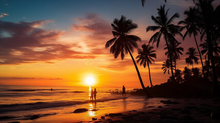 Wall Mural - sunset on beach with people and palms