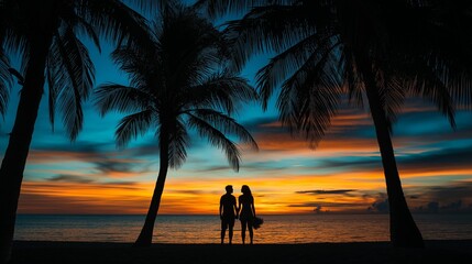 Wall Mural - sunset on beach with people and palms