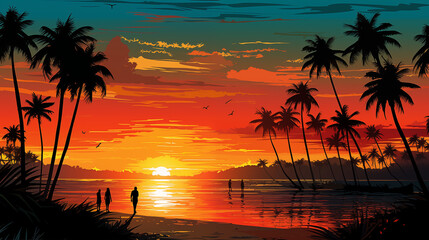 Wall Mural - sunset on beach with people and palms