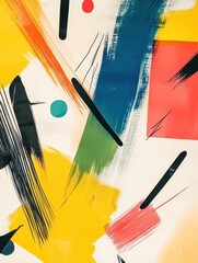 Poster - Bright and bold paint strokes mix with geometric shapes, forming an energetic artwork full of color and movement in a creative environment. Generative AI