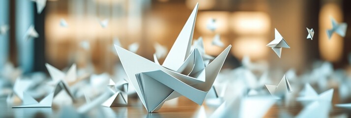 Poster - Delicate paper boats and stars drift around in a tranquil indoor space illuminated by soft, warm light, creating a whimsical atmosphere. Generative AI