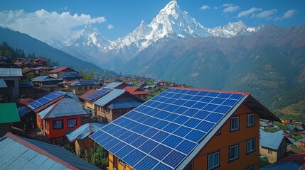 Poster - A vibrant orange house with solar panels sits on a hillside, surrounded by other homes. Towering snow-capped peaks rise majestically against a clear blue sky.