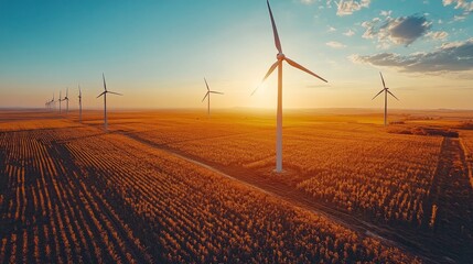 Poster - The setting sun casts a warm glow over numerous wind turbines standing tall in a sprawling field. This picturesque view highlights the beauty of renewable energy during dusk.