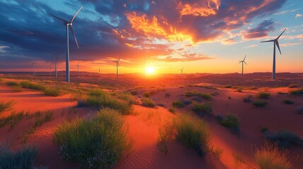 Aufkleber - The sun sets dramatically over a desert, casting a warm glow while wind turbines stand tall against the colorful sky during late afternoon.