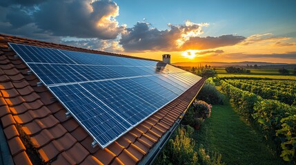 Poster - Solar panels installed on a sloped roof capture sunlight as the sun sets behind rolling hills. The surrounding vineyards add to the serene beauty of the scene, promoting sustainable energy use.