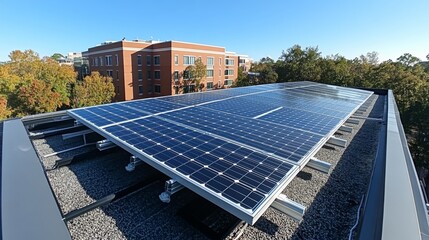 Poster - A rooftop covered with solar panels reflects a commitment to sustainable energy. The bright blue sky enhances the view of this modern installation surrounded by trees.