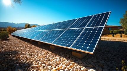 Poster - Rows of solar panels stand on gravel, soaking up sunlight in a clear blue sky. This setup represents eco-friendly energy solutions and sustainability efforts in a scenic location.