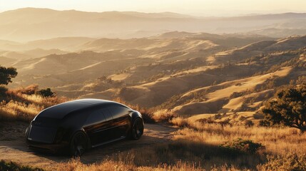 Poster - A sleek and modern autonomous vehicle sits on a hillside during sunset.