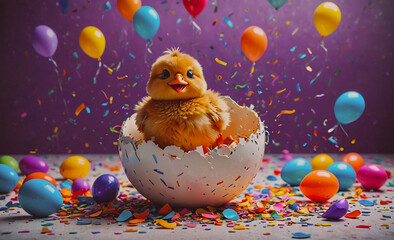 Poster - A baby chicken is sitting in an eggshell with colorful balloons and confetti around it. The scene is playful and festive, with the balloons and confetti adding a sense of joy and celebration