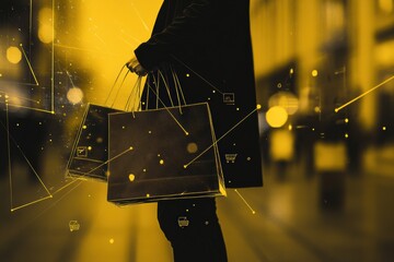 Fototapete - A silhouette stands holding shopping bags, surrounded by digital graphics in an urban area during twilight, creating a vibrant atmosphere. Generative AI