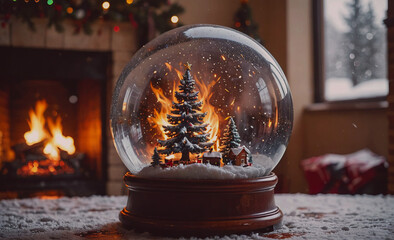 Poster - A glass Christmas tree ornament with a fire inside. The fire is surrounded by snow and the ornament is placed on a table