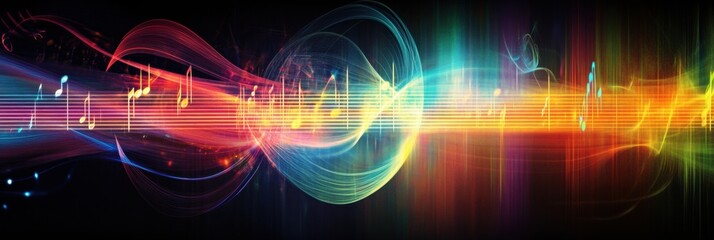 Poster - Dynamic visualization of sound waves combines musical notes and instruments in a colorful display, evoking creativity and rhythm. Generative AI