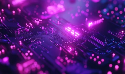 Poster - Futuristic circuit board with neon lights, intricate patterns, glowing components, vibrant purple and pink hues, technology background
