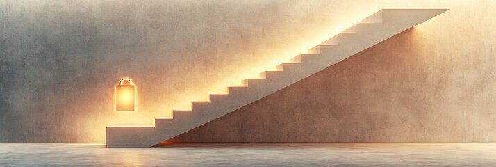 Poster - A bright staircase with soft lighting ascends against a textured wall, complemented by a glowing lantern adding warmth to the space. Generative AI