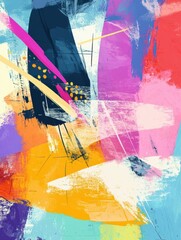 Poster - Colorful abstract composition showcases paint strokes and geometric shapes blending together, evoking creativity and energy in artistic expression. Generative AI