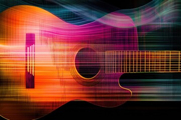 Aufkleber - Dynamic sound waves and musical notes swirl around a guitar, conveying vibrant energy and the essence of a live music experience. Generative AI