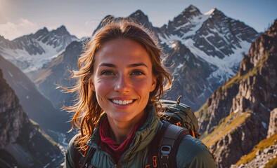 Aufkleber - A smiling woman with long hair is standing in front of a mountain range. She is wearing a green jacket and a red scarf
