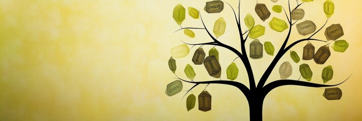 Fototapete - A unique tree features abstract branches adorned with colorful discount symbols and price tags instead of leaves, creating a whimsical atmosphere. Generative AI