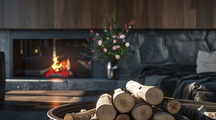 Canvas Print - A cozy living space featuring a fireplace, logs, and floral decor, creating a warm and inviting atmosphere.