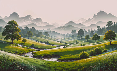 Aufkleber - A beautiful landscape with a river running through it. The mountains in the background are covered in trees and the sky is cloudy. The scene is peaceful and serene