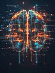 Poster - A vibrant digital brain visualized with intricate circuitry and connections, glowing in bright orange and blue against a dark backdrop. Generative AI
