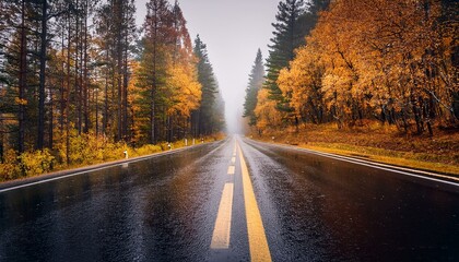 Canvas Print - Autumn road in the rain. Golden leaves and dark road.