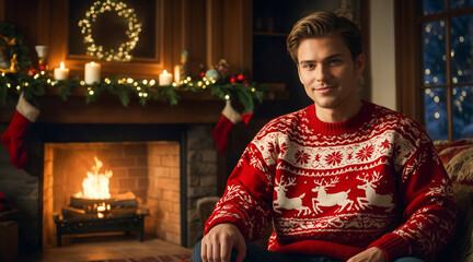 Wall Mural - Handsome man smiling and relaxing by the fireplace wearing christmas sweater