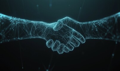 Poster - Digital handshake symbolizing partnership, collaboration, technology, and innovation. Abstract representation of two hands connecting through lines and nodes.