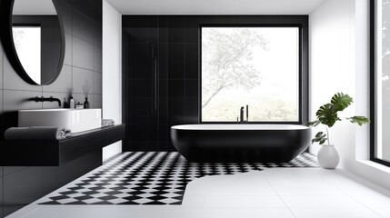 Poster - modern minimalist bathroom interior with freestanding bathtub, black and white decorative elements, 