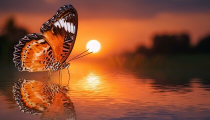 Wall Mural - A vibrant butterfly rests by the water's edge as the sun sets, creating a stunning reflection.