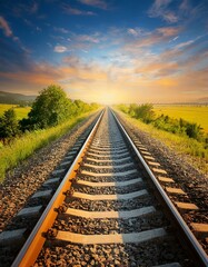 Wall Mural - Endless railway tracks stretching towards a vibrant sunset. Journey, adventure, and hope.