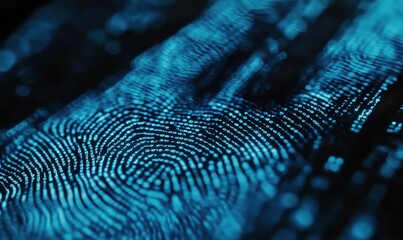 Poster - Digital fingerprint pattern, intricate lines, glowing blue tones, abstract technology background, data security concept