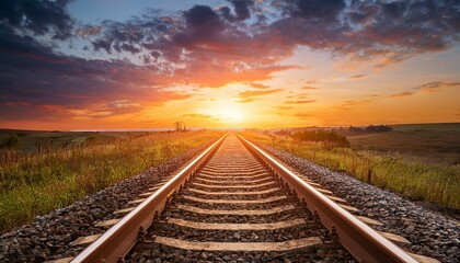 Wall Mural - Endless journey at sunset. Railroad tracks vanishing into a fiery horizon.