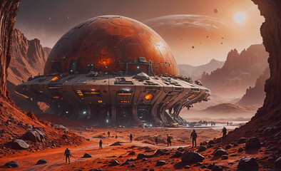 Poster - a group of people are walking through a desert with a large red dome in the background. the dome is 