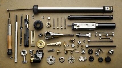 Poster - Detailed Arrangement of Various Industrial Tools and Components on a Workbench Surface for Technical and Mechanical Assembly Background Use