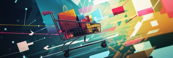 Aufkleber - A shopping cart crafted from geometric shapes is filled with various colorful packages, set against a dynamic and vibrant background. Generative AI